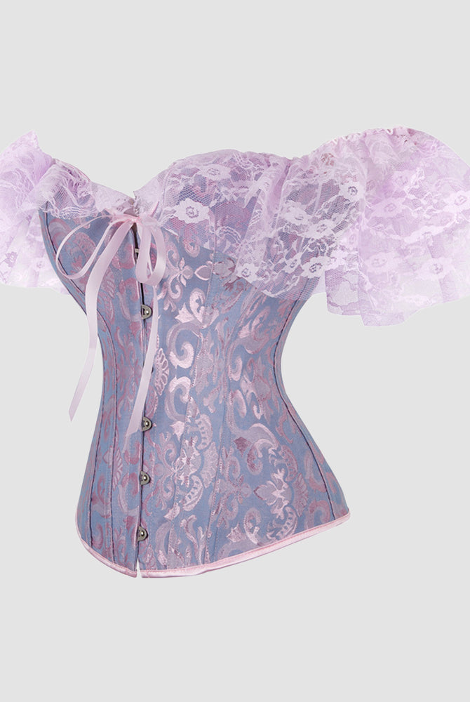 Vintage-style blue and pink jacquard lace corset with off-shoulder sleeves