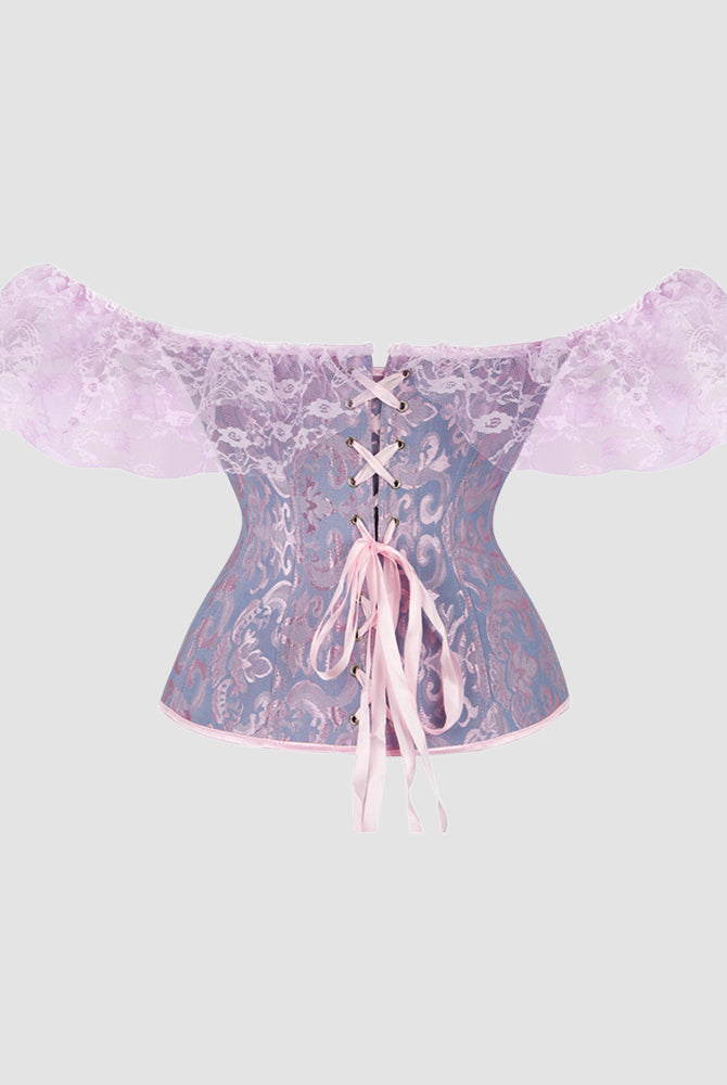 1950s Jacquard Lace Corset with Off-Shoulder Sleeves in Lavender and Pink