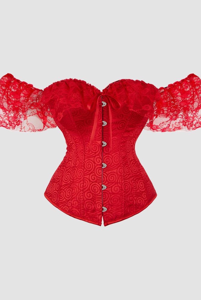 Red 1950s Jacquard Lace Corset with Off-Shoulder Sleeves