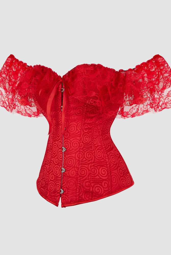 Red vintage jacquard lace corset featuring off-shoulder sleeves.