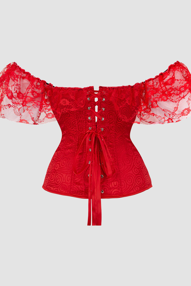 Red 1950s lace corset, off-shoulder sleeves. Vintage-inspired, bold & elegant.