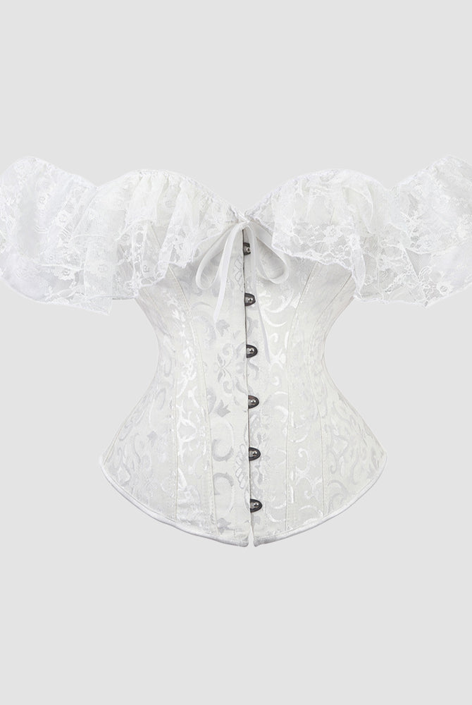 White 1950s Jacquard Lace Corset with Off-Shoulder Sleeves