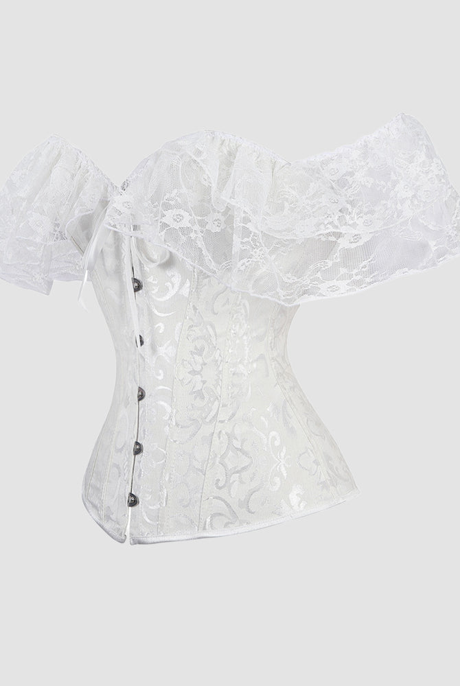 Vintage White Jacquard Lace Corset with Off-Shoulder Sleeves, 1950s Style