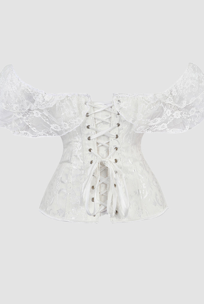 White 1950s Jacquard Lace Corset with Off-Shoulder Sleeves, Vintage-Inspired Design
