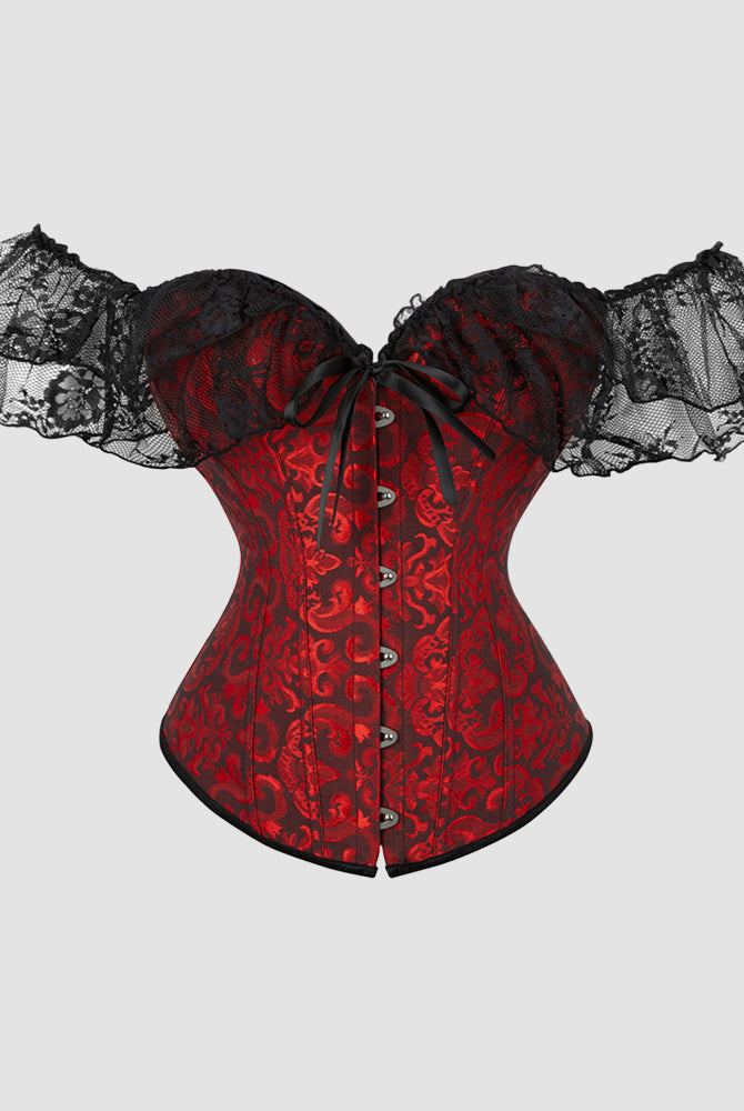 Red 1950s Jacquard Lace Corset with Off-Shoulder Sleeves, Vintage-Inspired Design