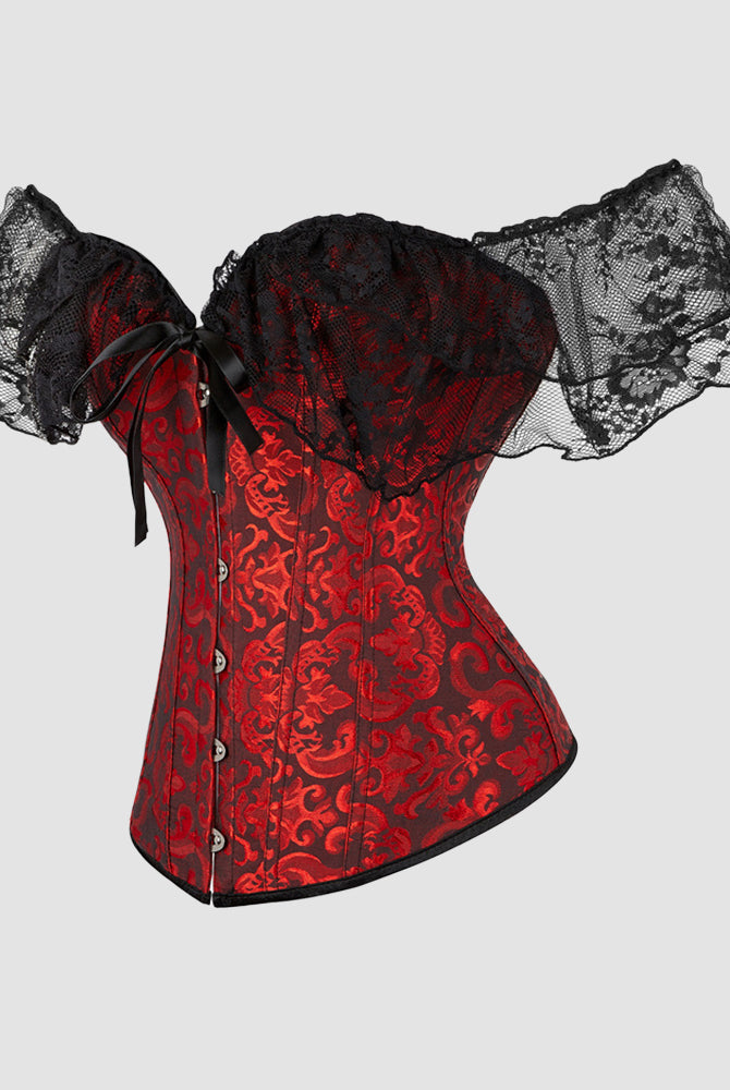 Vintage Red Jacquard Lace Corset with Off-Shoulder Sleeves