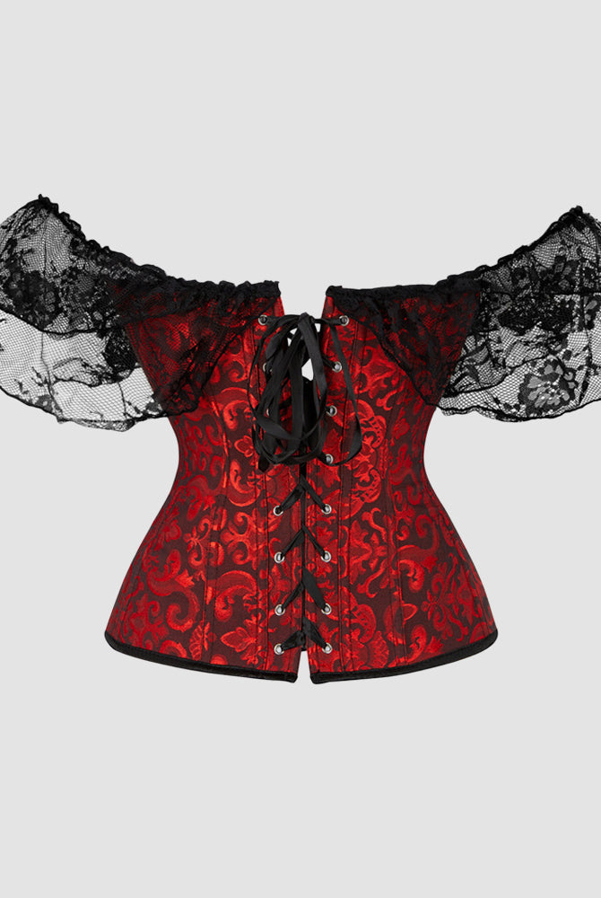 Red Jacquard Lace Corset with Off-Shoulder Sleeves, Vintage Style