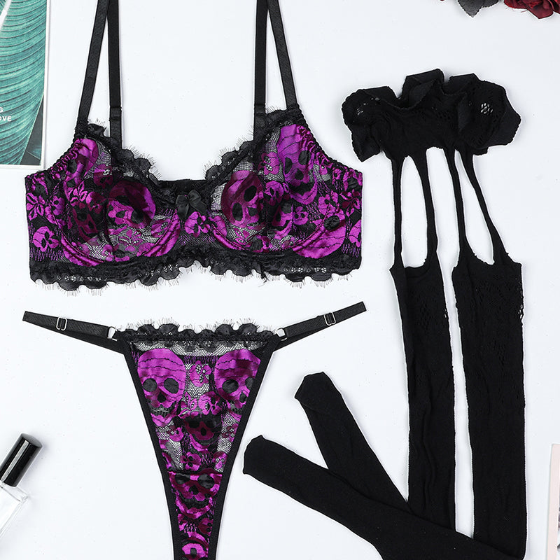 Skull Lace Stockings Bra Set