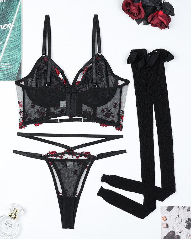 Black embroidered floral bra set with red accents and fishnet stockings, perfect for role play