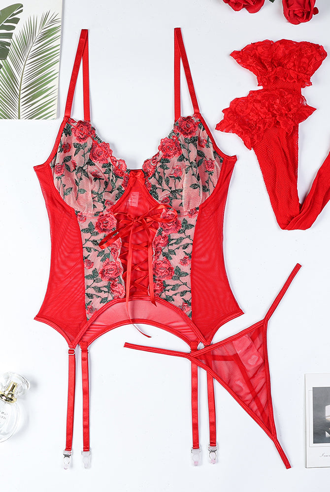 Red floral embroidered cross straps bra set with garter belt and stockings, sexy lingerie