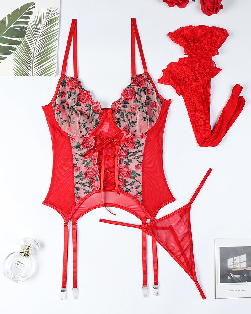 Red floral embroidered cross straps bra set with garter belt and stockings, sexy lingerie
