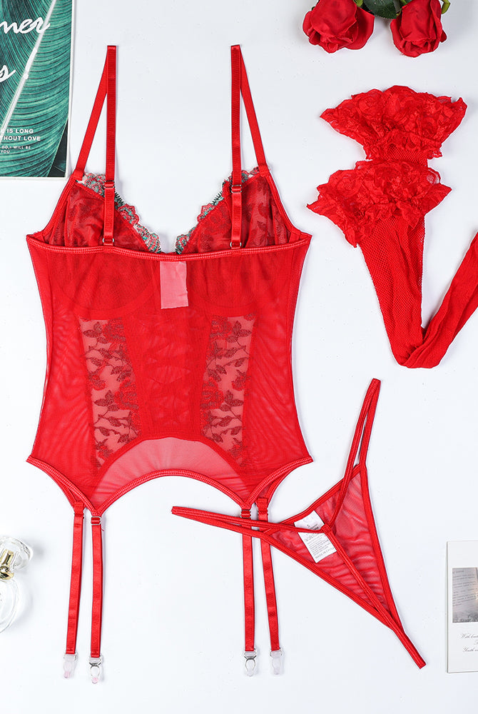 Red floral embroidered cross straps bra set, garter belt, and stockings, sexy lingerie