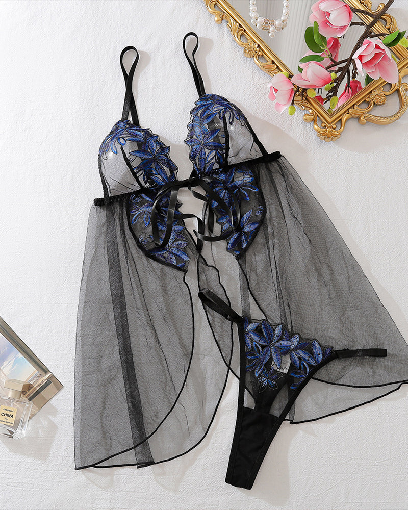Black mesh see-through nightdress with blue floral embroidery, sexy lingerie set for women