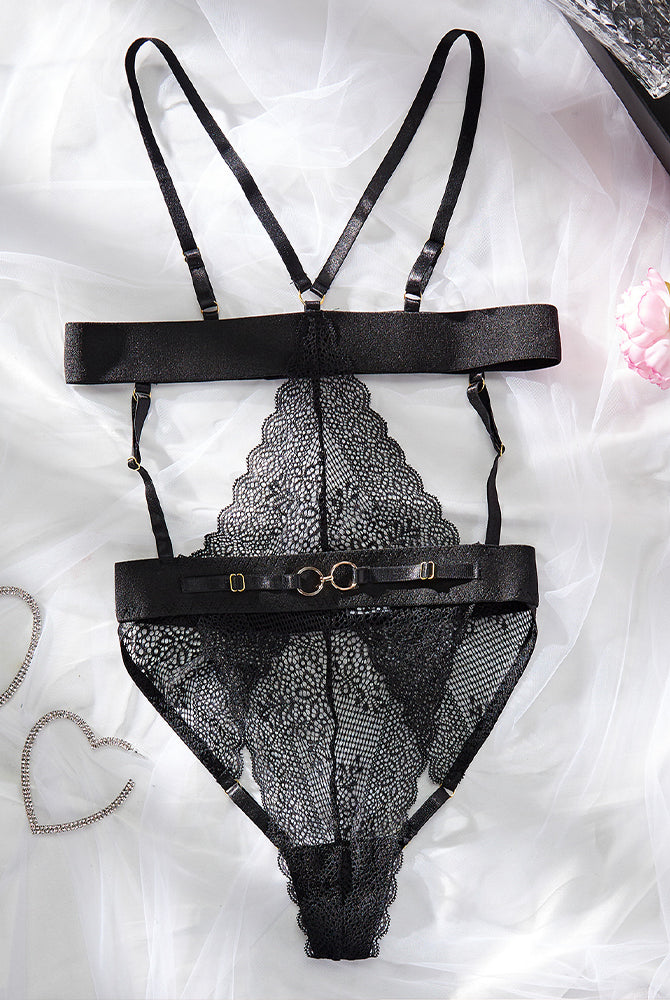 Black lace cupless bodysuit with halter neck and belt detail, perfect for a sexy and confident look.