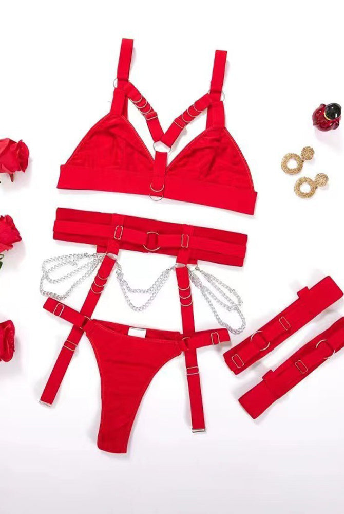 Red metal chain strap bra set with harness details. Sexy polyester lingerie.