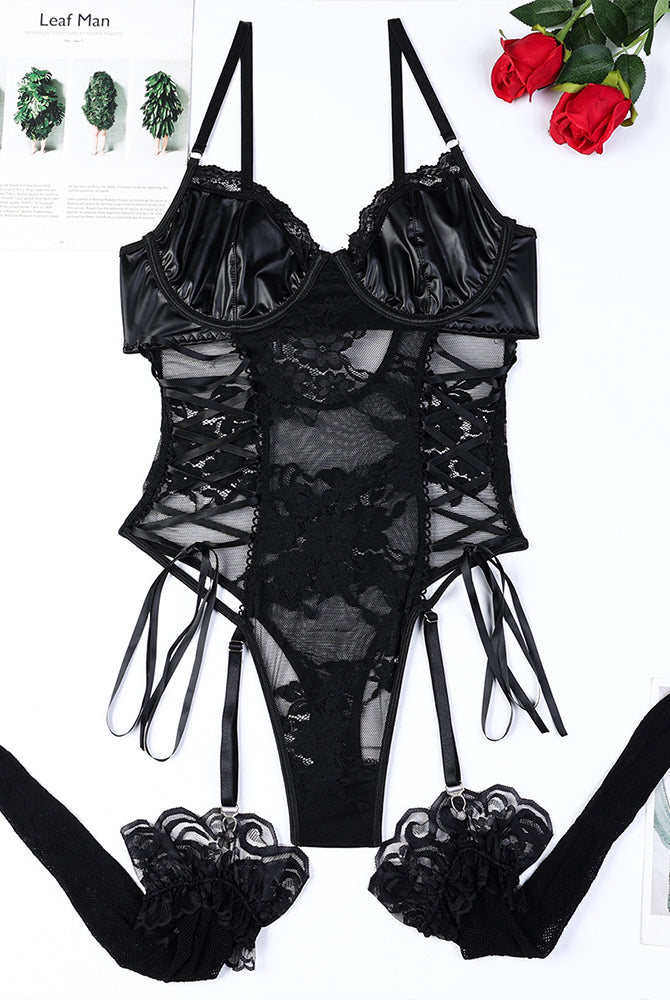 Black lace and PU leather bodysuit with garter straps and fishnet stockings, sexy lingerie for women