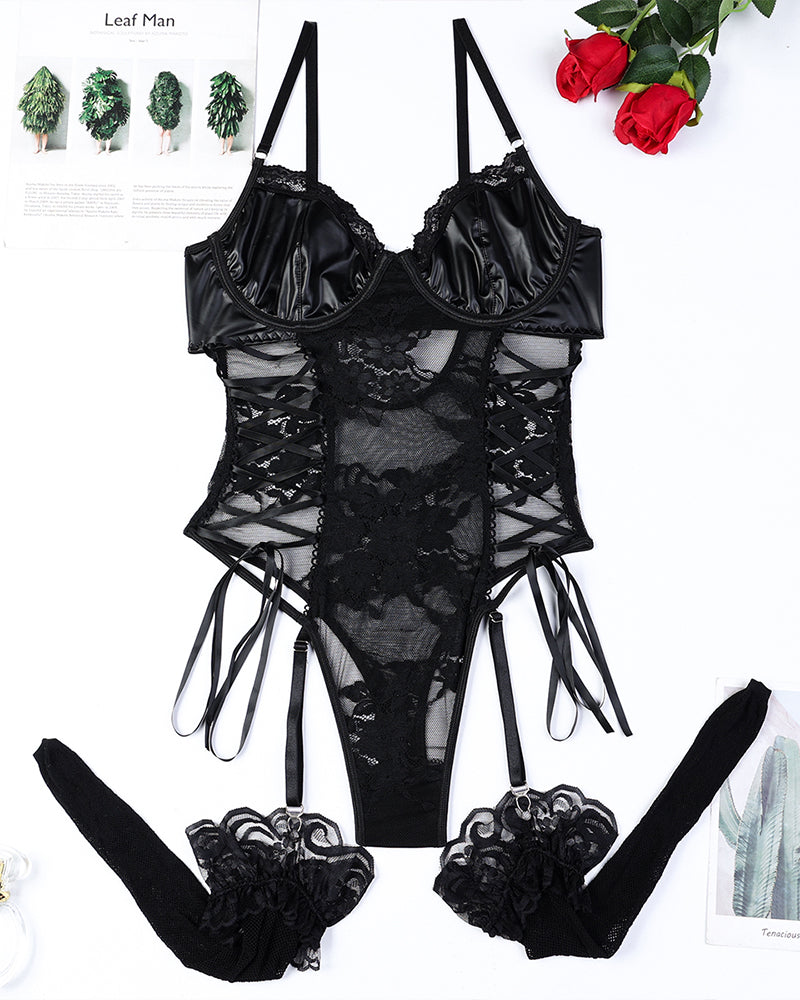 Black lace and PU leather bodysuit with garter straps and fishnet stockings, sexy lingerie for women