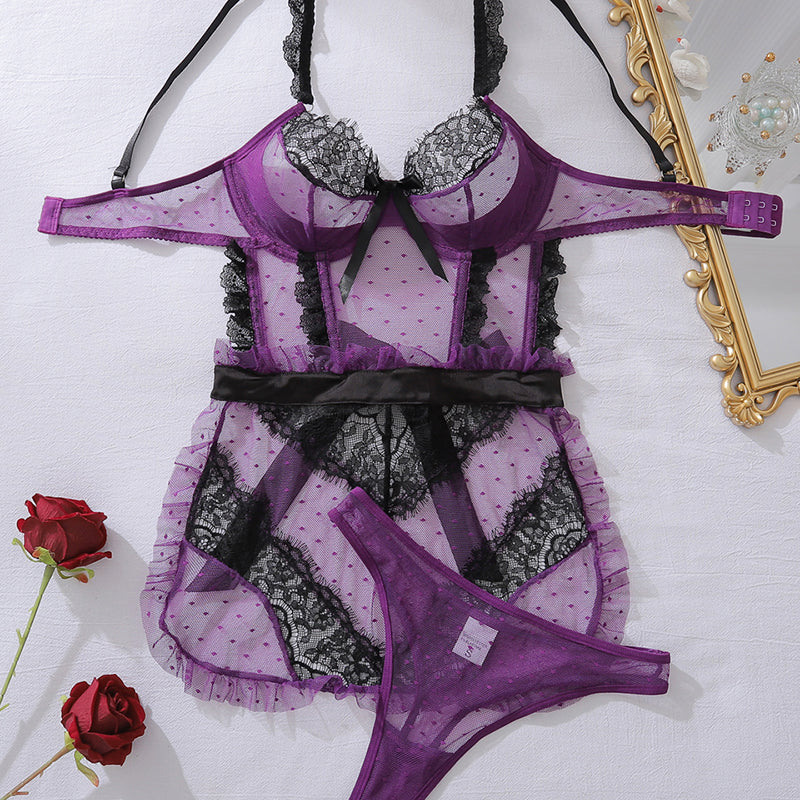 Durchsichtiges, hohles, rückenfreies BH-Set aus Netzstoff