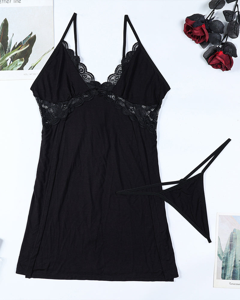 Black lace nightdress with slit and lace details. Sexy polyester and spandex lingerie set.