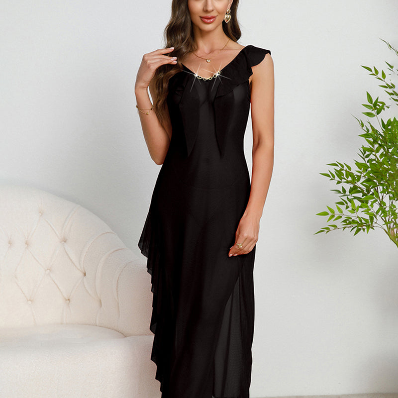 Deep V-neck Pleated Lace Side Slit Mesh Dress