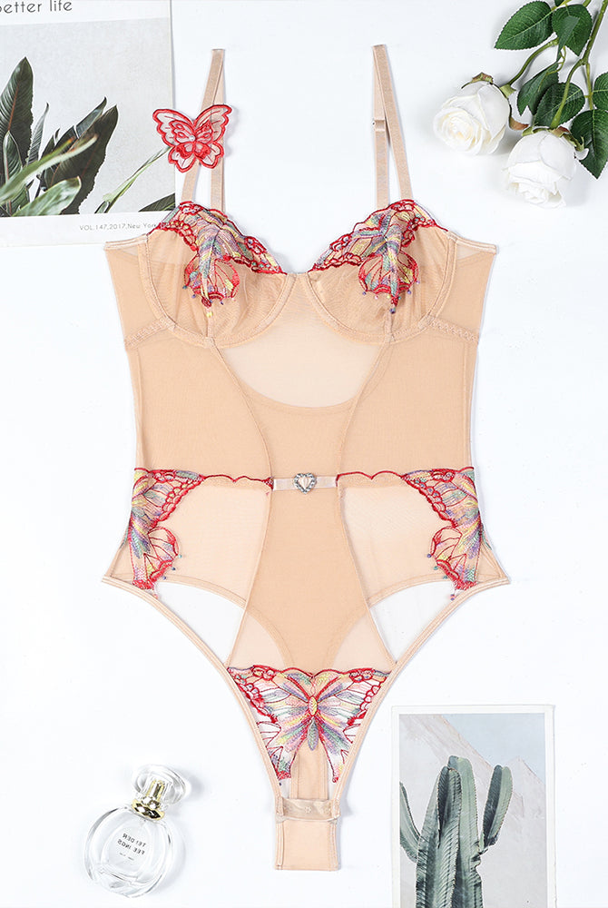 Avidlove beige butterfly embroidery bodysuit with butterfly details and adjustable straps