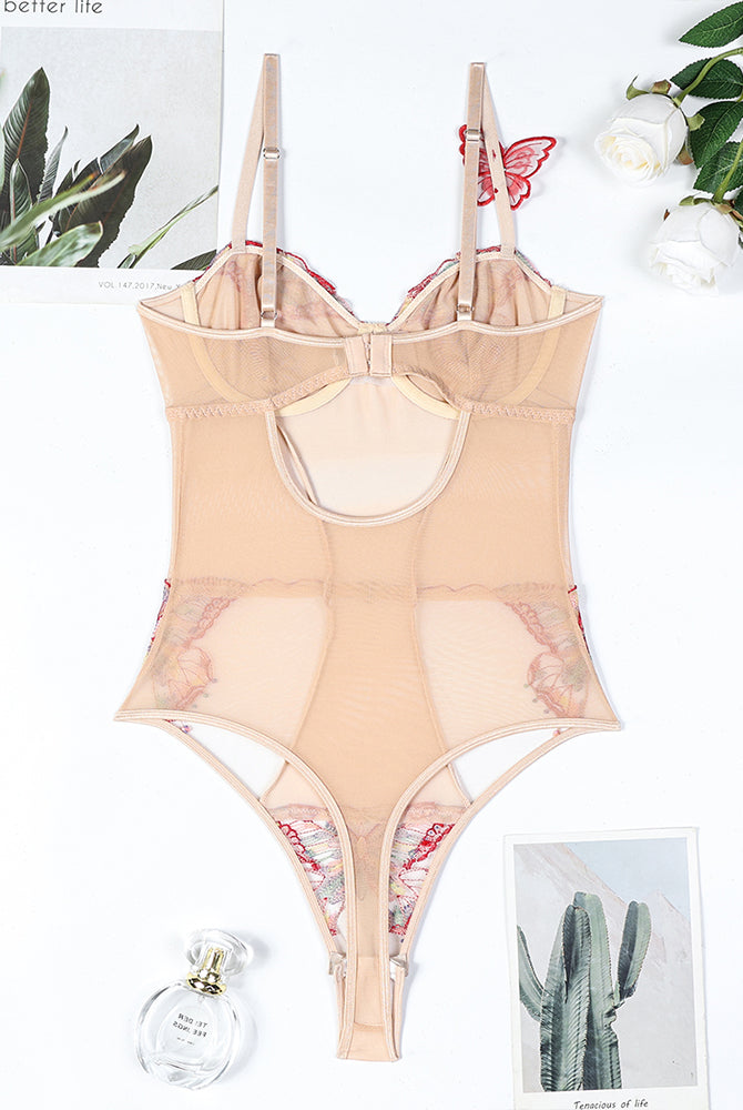 Sexy beige 3D butterfly embroidery bodysuit with adjustable straps