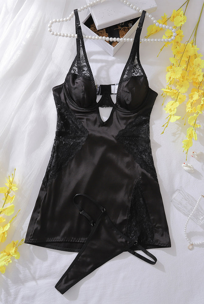 Black slim fit nightdress with lace detail and matching thong set, polyester and spandex blend
