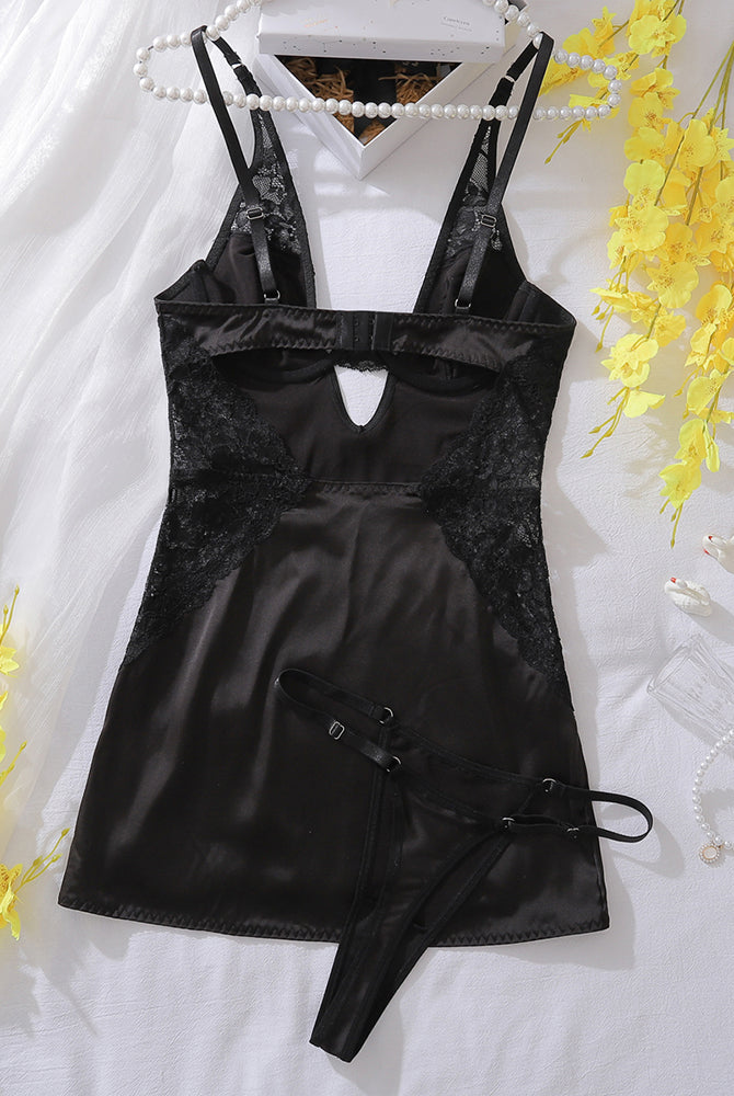 Black slim fit lace nightdress and thong set, polyester and spandex blend
