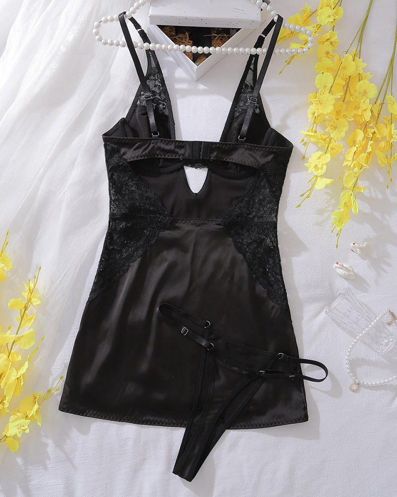 Black slim fit lace nightdress and thong set, polyester and spandex blend