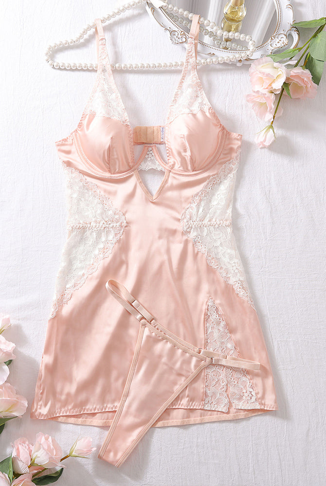 Pink satin nightdress with lace detailing and matching thong set, polyester and spandex blend
