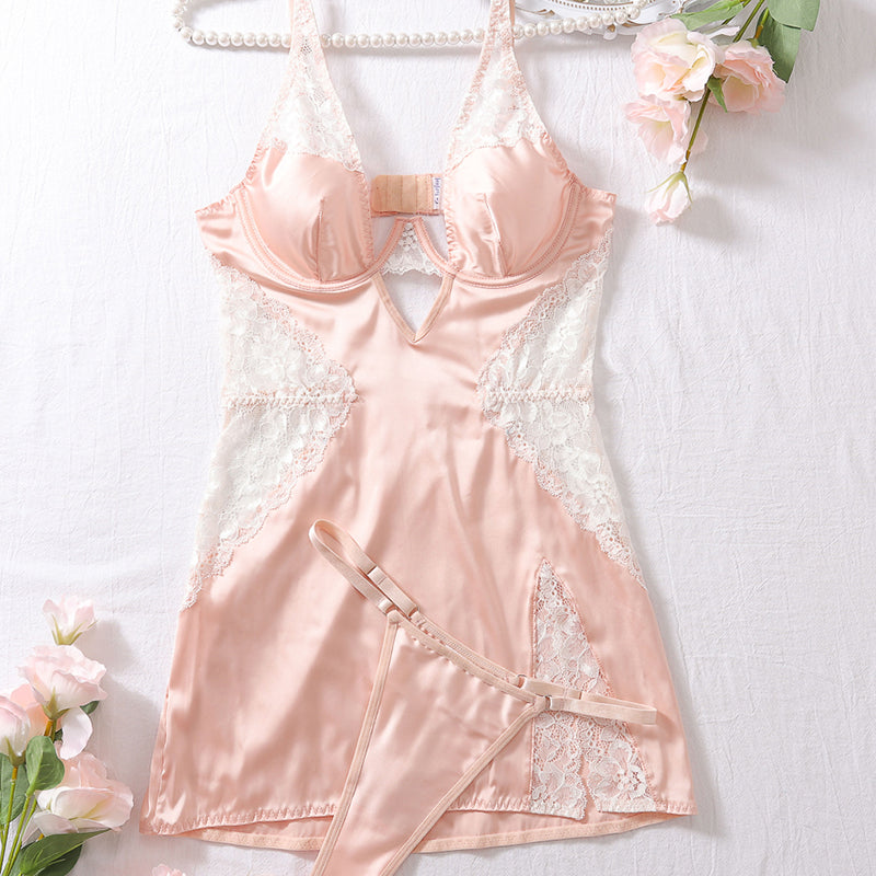 Pink satin hollow-strap nightdress with lace cups and attached garter belt, slim fit