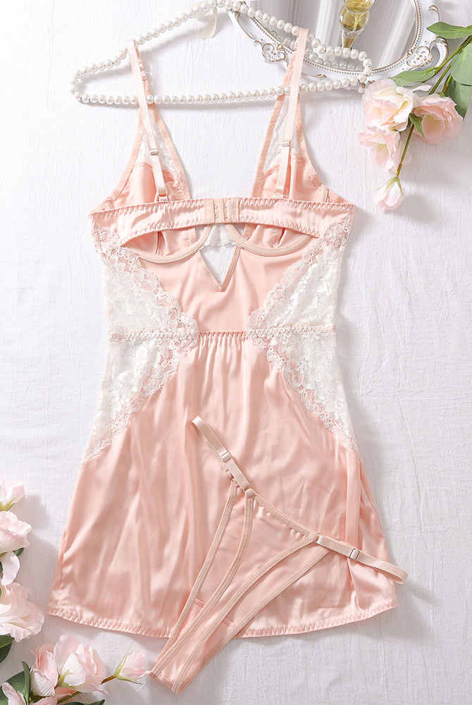 Pink lace nightdress and thong set, slim fit, polyester and spandex blend, sexy lingerie