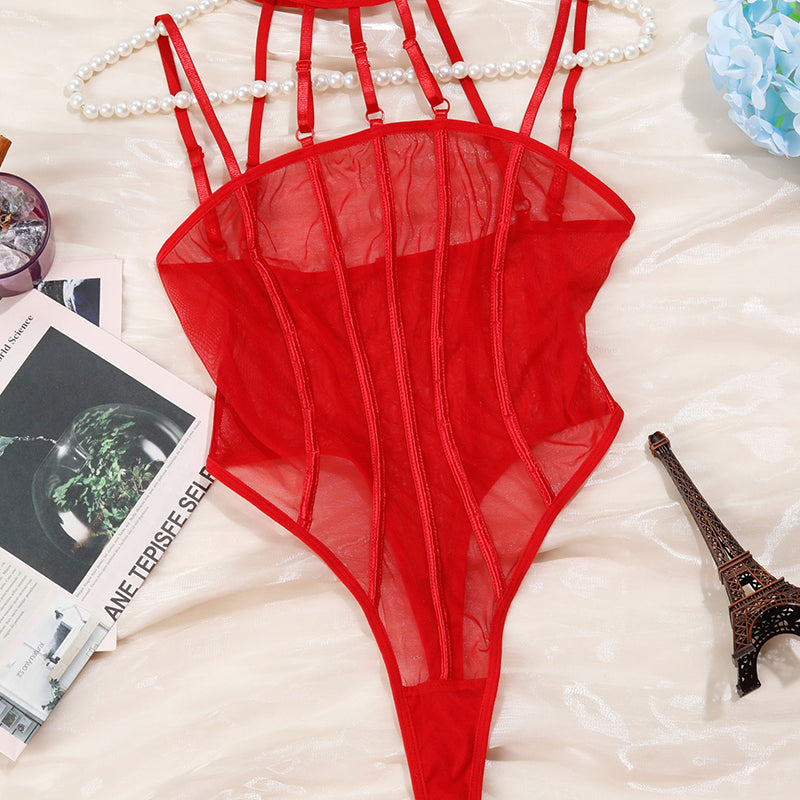 Durchsichtiger Patchwork-Bodysuit aus Netzstoff