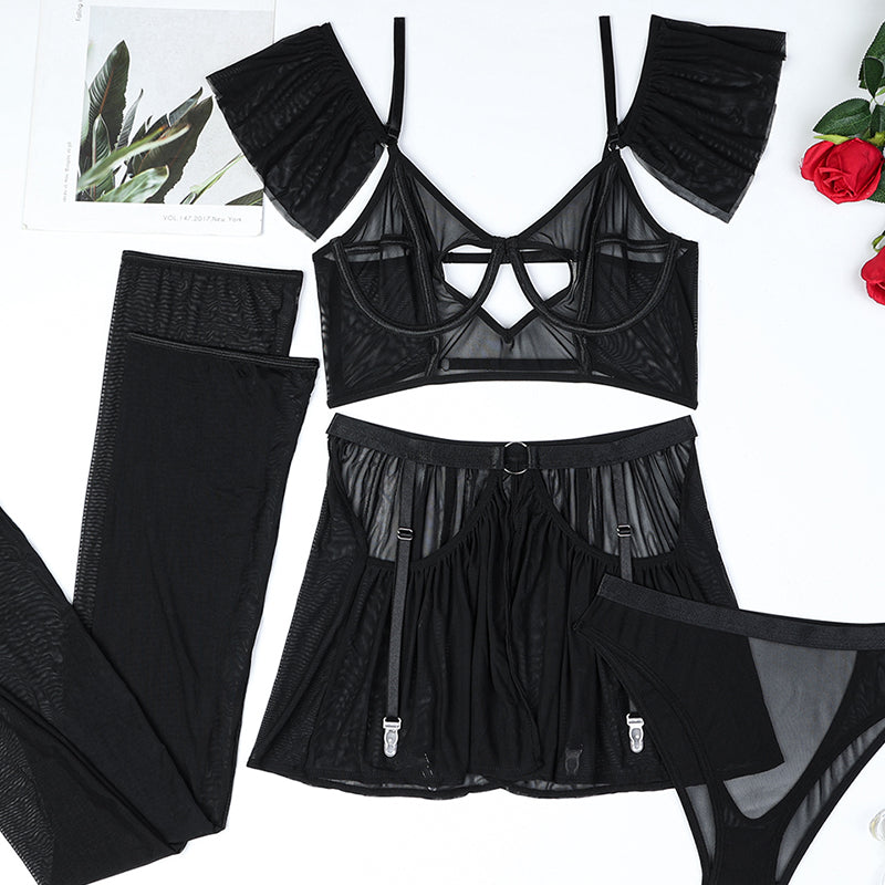 Heart Cut Out Bra Lingerie Set with Stockings