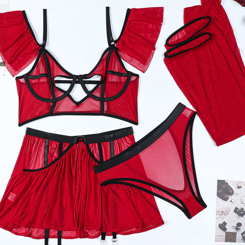 Heart Cut Out Bra Lingerie Set with Stockings
