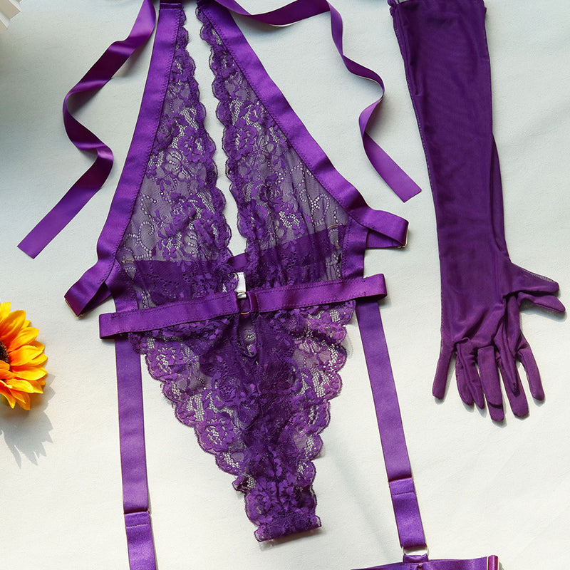 Purple lace halter bodysuit with gloves. Deep V-neck, floral lace design, and satin details.