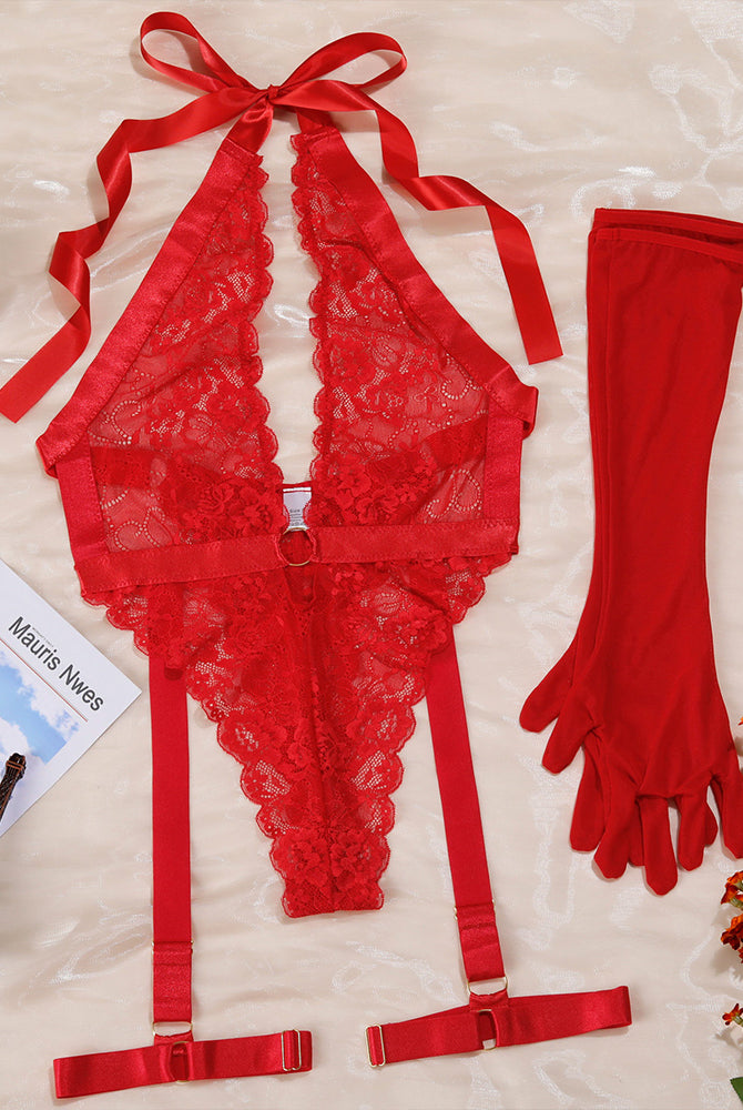 Red lace halter bodysuit with gloves. Deep V-neck, floral lace design, and satin details.