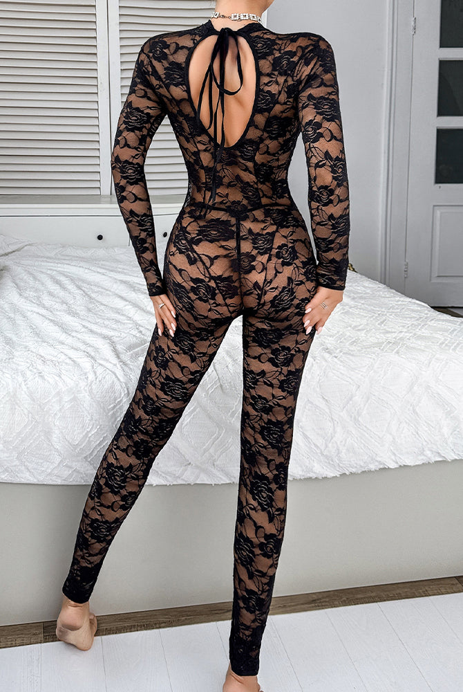Black floral lace bodysuit with open back bow detail and long sleeves, sheer