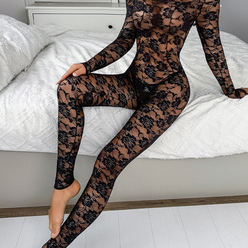 Black floral lace unitard jumpsuit with long sleeves and high neck, sheer allover