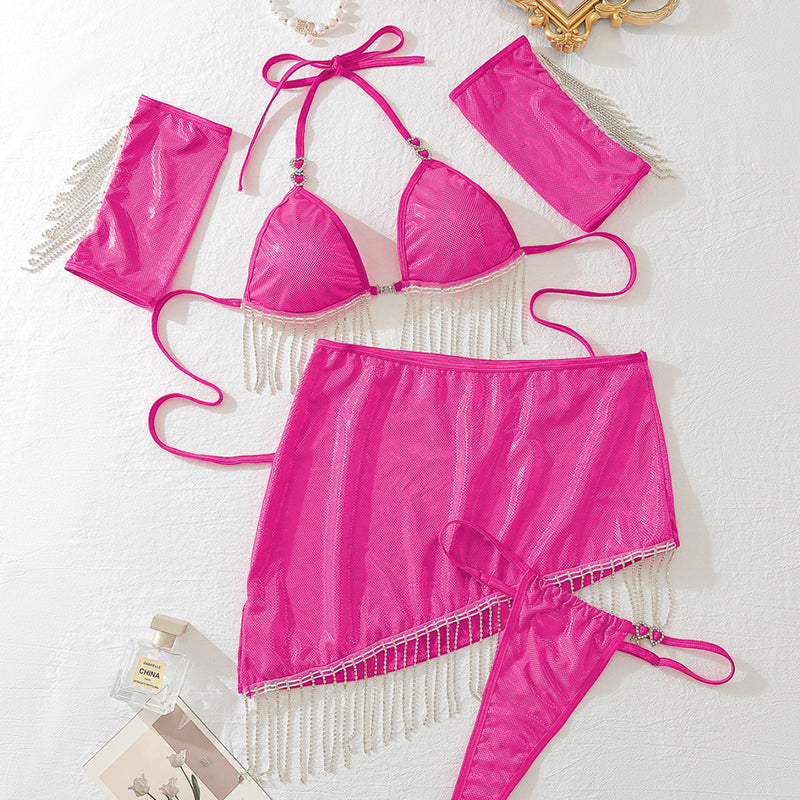 Lace-up Halterneck Tassel Lingerie Set