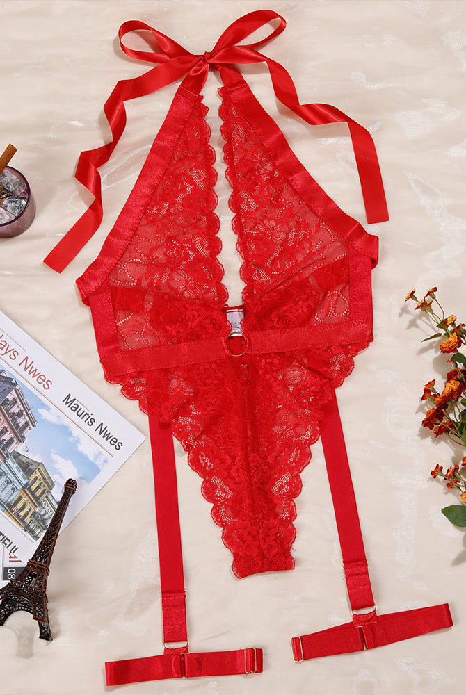 Red lace halter bodysuit with deep V-neck, adjustable straps, and garter straps; sexy lingerie.