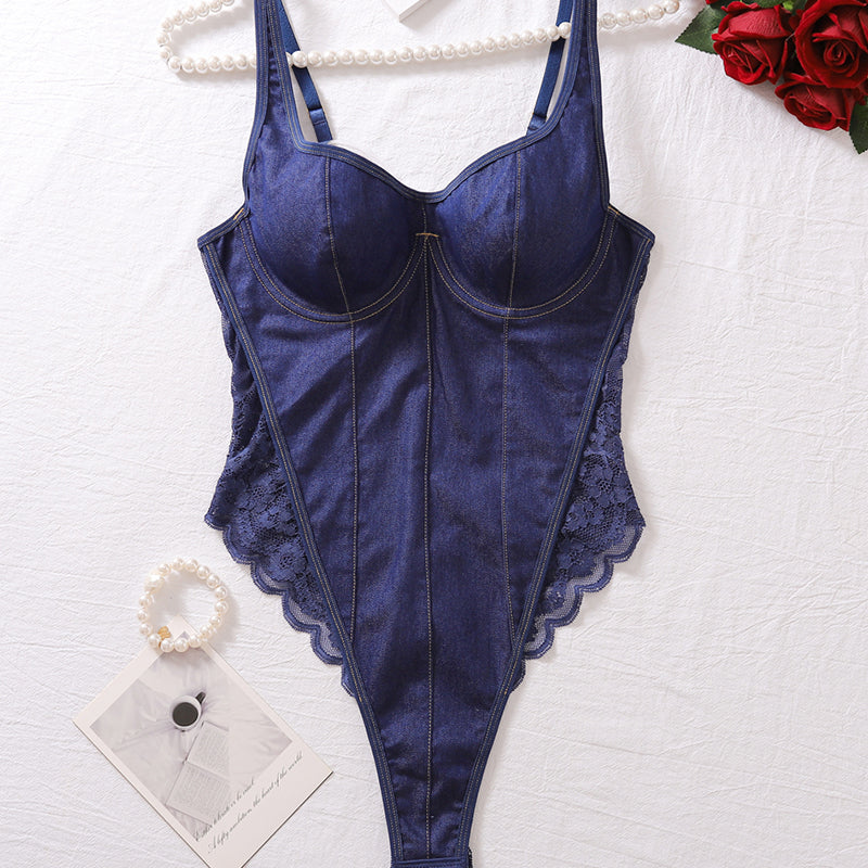 Rückenfreie Spitzen-Denim-Bodys