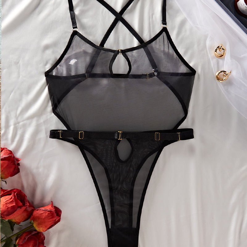 Hollow Mesh Sheer Cross-back Bodysuits