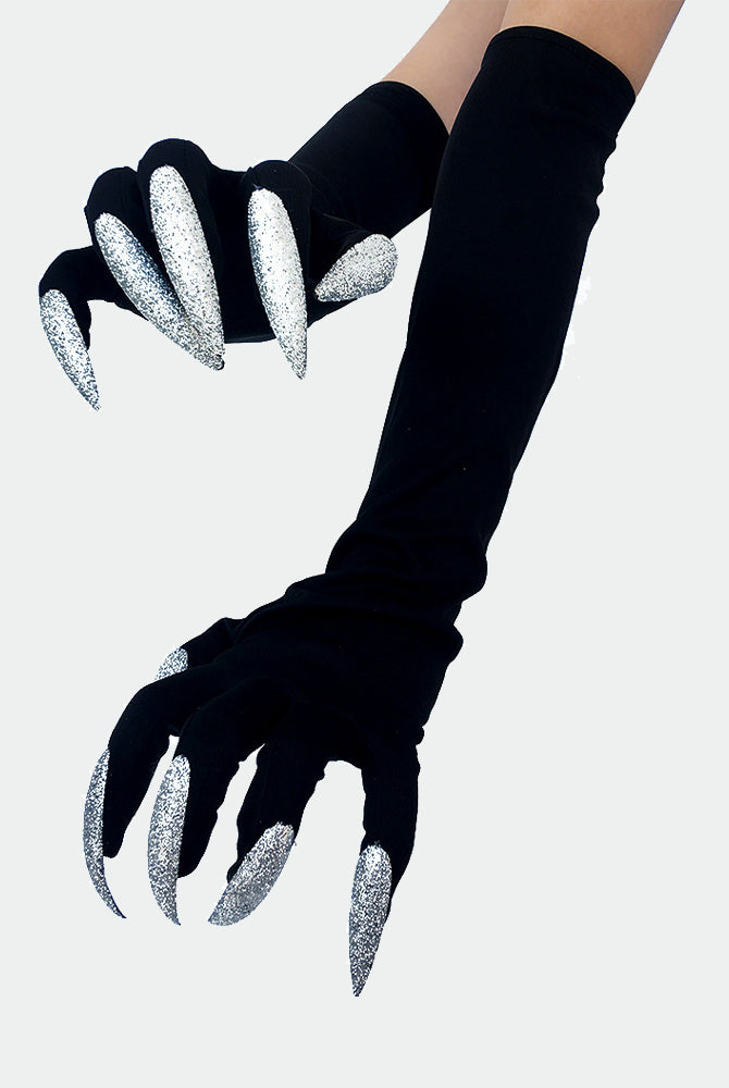 Long nail gloves with black sleeves and silver glitter demon paw claws.