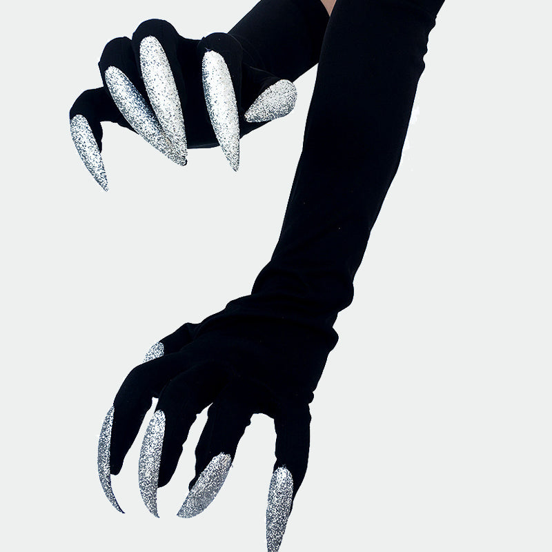 Long nail gloves with black sleeves and silver glitter demon paw claws.