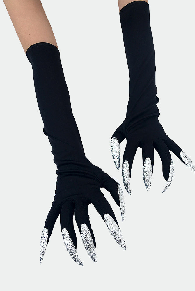 Long nail gloves, black with silver glitter pointed claws on the hands.