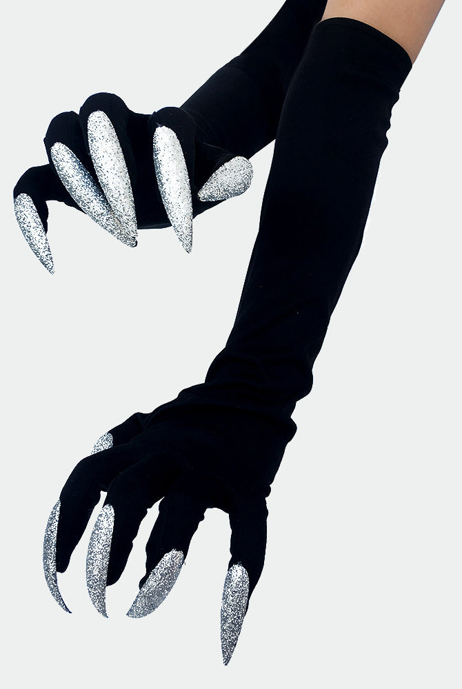 Long nail gloves with black sleeves and silver glitter clawed fingers.