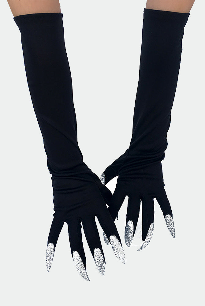 Long nail gloves with black sleeves and silver glitter claw tips on the hands.