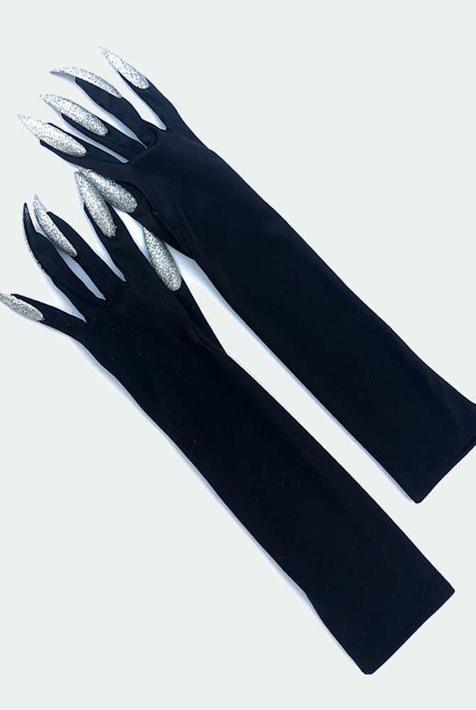 Long nail gloves, black with silver glitter clawed fingers, laid flat.