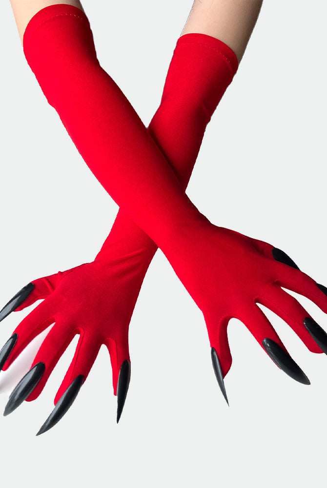 Long nail gloves with red sleeves and black pointed clawed fingers.